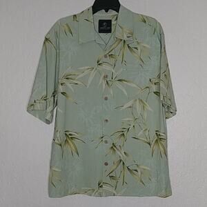 Jamaica Jaxx Leaf Print Silk Button Front Shirt Tropical Hawaiian Size L